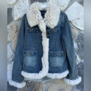 Coalition LA Denim Jacket Size L Faux Fir Trim Y2K Western Glam Boho Chic Trendy